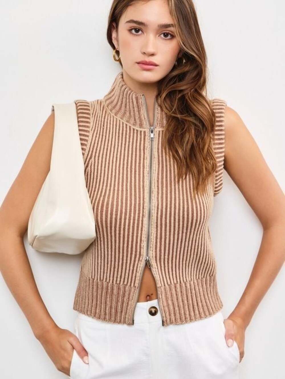 Mustard Seed Striped Zip up Sweater Vest in Mocha